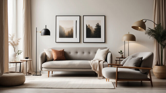 Sala de estar moderna estilo Noruego. Sill&oacute;n gris cerca de un sof&aacute; de dos plazas beige contra una pared blanca con marcos de carteles.