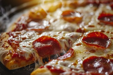 Juicy Italian pizza with pepperoni cheese and spices straight from the oven. Food Photography. Close up - obrazy, fototapety, plakaty