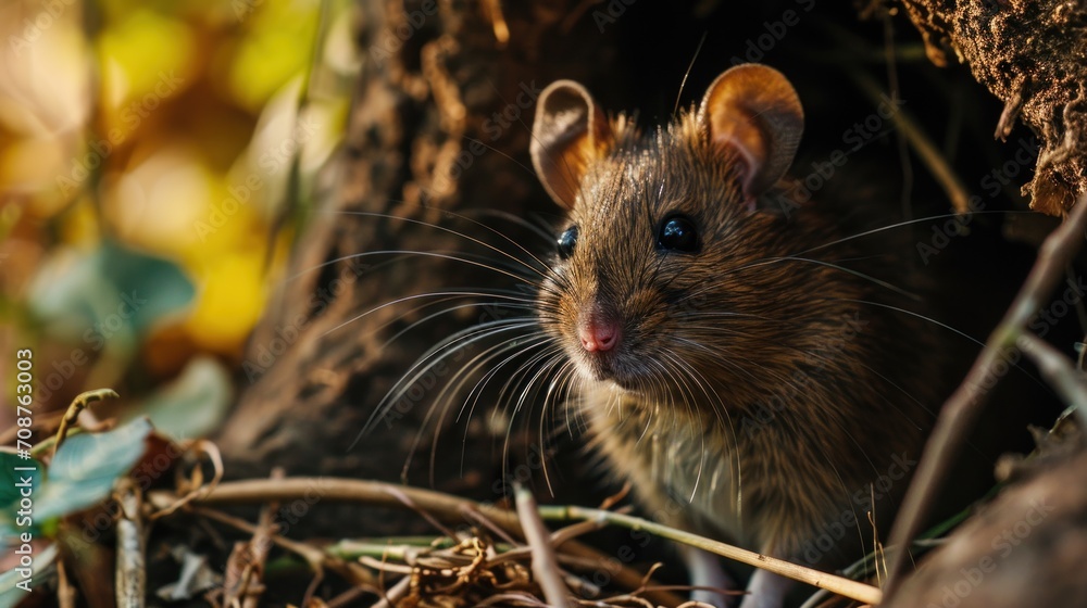 Poster a close up of a rodent in a tree looking out of a hole in the bark of a tree with green leaves on th