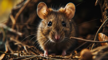 a close up of a mouse in a pile of dry grass with leaves in the foreground and a blurry background to the left of the mouse's face.