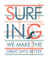 Vector illustration of lettering with stripes and surfer silhouette.