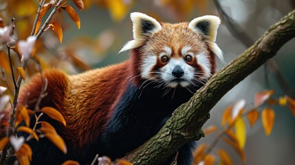  a close up of a red panda on a tree branch with leaves in the foreground and a blurry background of leaves in the foreground, with a blurry background.