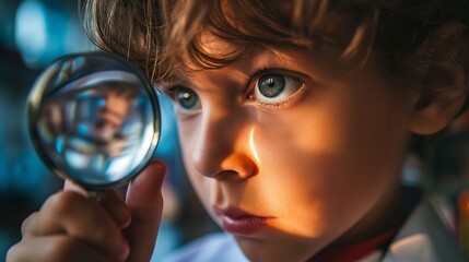 child looking through magnifying glass - obrazy, fototapety, plakaty