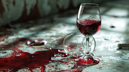  a glass of wine sitting on top of a table next to a knife and a blood spatula on top of a table with a knife and blood spatula on the floor.