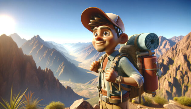 Excited 3D Animated Traveler Character on Mountain Peak, Backpack, Hiking Gear, Overlooking Breathtaking Landscape, Bright, Inspiring Adventure Theme
