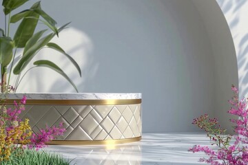 Abstact 3d render spring scene and Natural podium background, White stone podium on the colorful flowers and grass field backdrop three arch doors for product display. generative ai.
