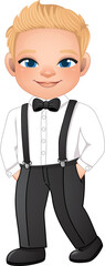 Marriage decoration design concept with young guy in a shirt and a bow tie. Groom or Page Boy put hand in his pant pocket cartoon