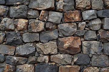 A brick wall made of various rocks and stones