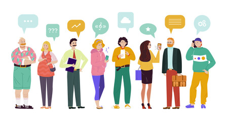 Group people speech bubbles comunication vector Illustration. Chat participants ask questions, find music, discuss various topics, exchange tips. Woman and man get to know each other, have dialogue. - obrazy, fototapety, plakaty