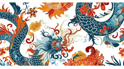 Obraz premium a painting of a dragon and flowers in blue, orange, red, and yellow colors on a white background with red, orange, yellow, orange, and blue colors.