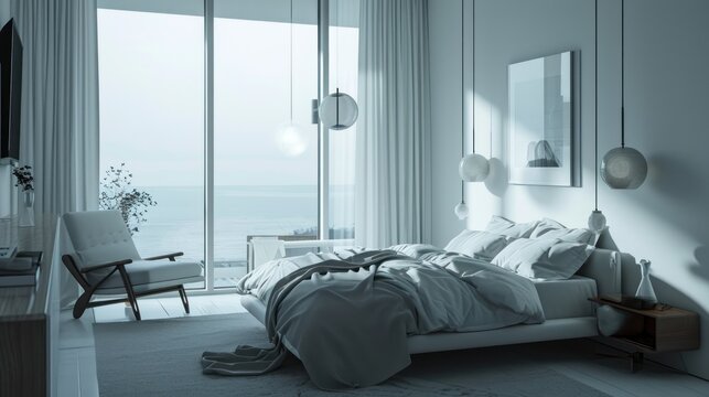 a bedroom with a large window and a bed with a white comforter and pillows on top of it and a chair in front of the bed and a large window with a view of the ocean.