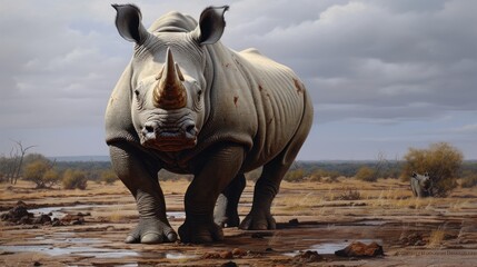 Obraz premium a rhinoceros standing in the middle of a dry grass and dirt field with a cloudy sky in the background and a few trees in the foreground of the foreground.