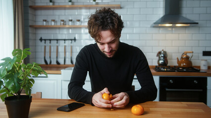 Fototapeta na wymiar A male sitting in the kitchen eating tangerines while talking on speakerphone on his smartphone 