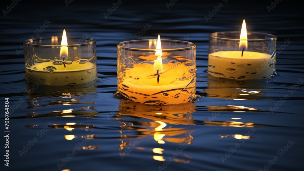 Poster submerged illumination: a captivating display of yellow lit candles beneath the water surface - ai g