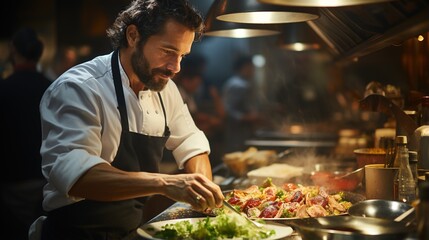 Focused chef plating food in a commercial kitchen - obrazy, fototapety, plakaty