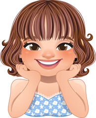 Smiling Girl Posing Hand Under Chin Wearing Spring Flower Shirt Cartoon Character PNG