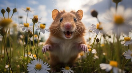 Hamster in a field of daisies