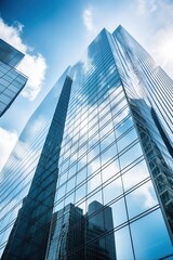 Fototapeta na wymiar Blue glass skyscraper reflecting clouds and buildings