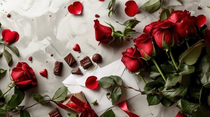  a bouquet of red roses next to a piece of paper with a piece of chocolate on it and a bunch of red roses next to it on a white surface.