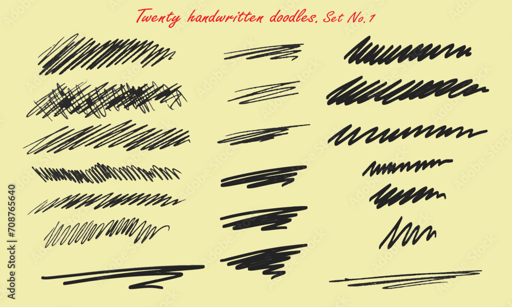 Poster twenty handwritten doodles. collection of randomly drawn squiggles for your project. vector set no. 