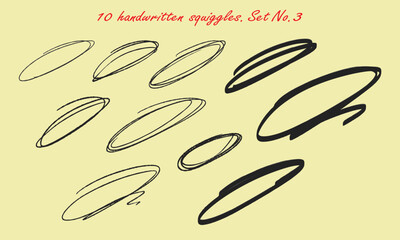 Ten handwritten squiggles. Various types of oval strokes. Vector set No. 3