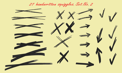 Twenty-seven handwritten squiggles. Various strikethroughs, crosses, arrows, V-shaped marks. Vector set No. 2 - obrazy, fototapety, plakaty