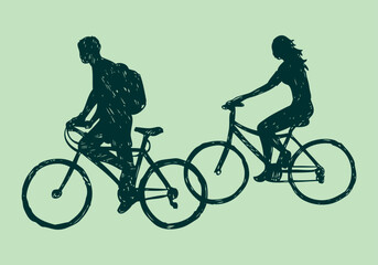 Vector illustration of cyclists silhouette. Stylized art in stripped and irregular features.