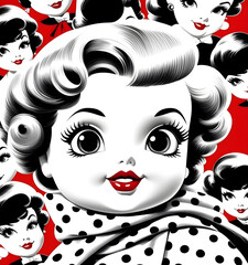 Vintage red white and black retro 1950s glam doll, red lips