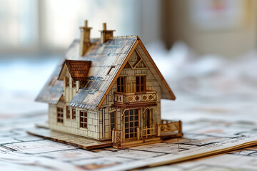 Obraz na płótnie Canvas Miniature Wooden House Model on Architectural Blueprints