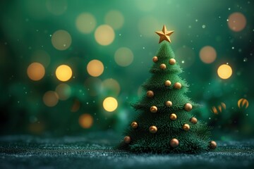 Christmas tree adorned with a shining star against a mesmerizing green light background, copy space
