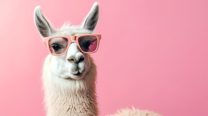 Obraz premium Llama in sunglass shade glasses isolated on solid pastel background