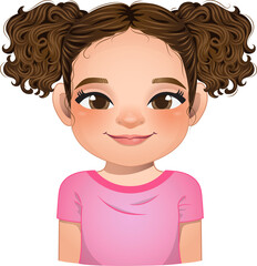 Little girl face, avatar, kid head with long curly hair and bun hairstyle or side tie hairstyle cartoon PNG