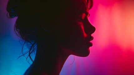 Fashion editorial Concept, Closeup Sensual portrait silhouette of beautiful woman, illuminated dynamic composition dramatic lighting