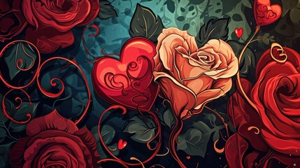  a painting of red roses and hearts on a black background with swirls and swirls on the edges of the image and a red rose in the middle of the middle of the image.