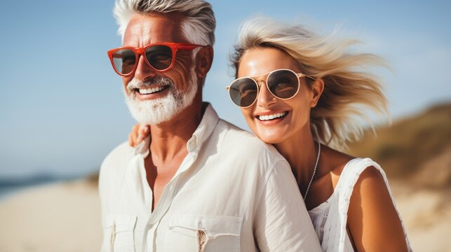 Happy retired couple smiling on beach