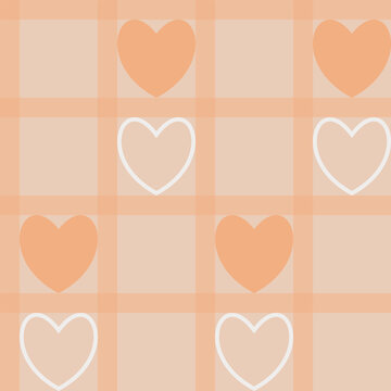 Hearts on a peach checkered background. Orange hearts inside the cells. Flat style. Seamless pattern. Isolated. Background for paper, cover, fabric, textile, dishes, interior decor. 