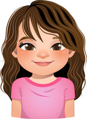 Little girl face, avatar, kid head with curly long hair cartoon PNG