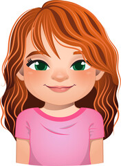 Little girl face, avatar, kid head with curly long hair cartoon PNG