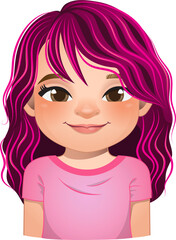 Little girl face, avatar, kid head with curly long hair cartoon PNG