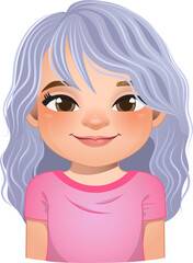 Fototapeta premium Little girl face, avatar, kid head with curly long hair cartoon PNG