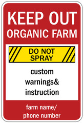 No spraying chemical warning sign keep out, organic farm. Do not spray
