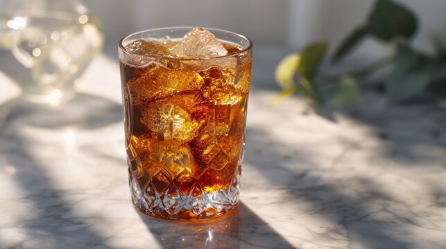  a close up of a glass of ice tea on a table with a pitcher of water and a glass of ice tea on a table with a plant in the background.