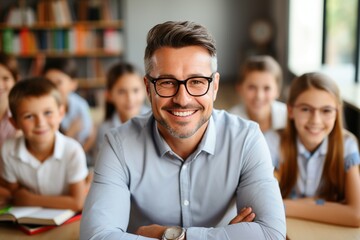Male teacher smiling with students in the background - obrazy, fototapety, plakaty