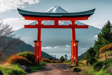 Gordijnen Red torii gates with mountain Fuji © KeepStock
