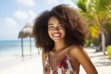 Obraz premium Black woman smiling happy on tropical beach