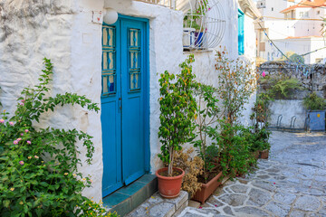 Old town with houses in Greek style. Background with selective focus and copy space - obrazy, fototapety, plakaty