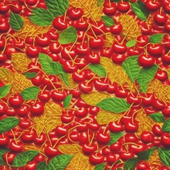 Fototapeta na wymiar Cherry Cherries Fruit Food Fresh Texture Pattern pattern. A patterned pile of glossy red cherries with vibrant green leaves, creating a visually appealing contrast and a fresh
