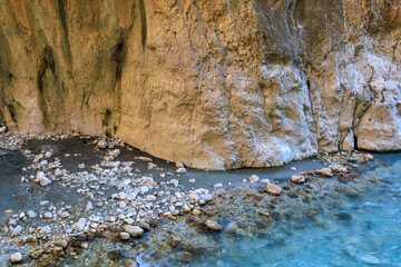 Saklikent Canyon in Turkey with mountain cold stormy water in the river. Natural attraction, popular place for tourists