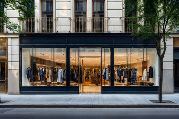 Urban fashion boutique boasting a stylish facade with large windows, providing a transparent view into the chic interior from a street-level perspective in the city.