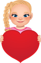 Valentine day with little girl with pigtail hair holding red heart cartoon PNG